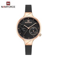 NAVIFORCE 5001 Women Watches Top Luxury Brand Ladies Quartz Watches Genuine Leather Watchband Casual Wrist Watches Gift For Girls - Rose Gold Black