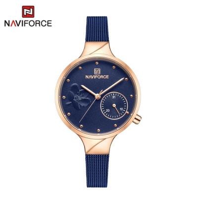NAVIFORCE 5001 Women Watches Top Luxury Brand Ladies Quartz Watches Genuine Leather Watchband Casual Wrist Watches Gift For Girls - Rose Gold Blue