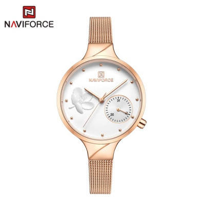 NAVIFORCE 5001 Women Watches Top Luxury Brand Ladies Quartz Watches Genuine Leather Watchband Casual Wrist Watches Gift For Girls - RoseGold White