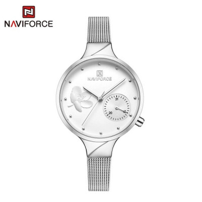 NAVIFORCE 5001 Women Watches Top Luxury Brand Ladies Quartz Watches Genuine Leather Watchband Casual Wrist Watches Gift For Girls - Silver White