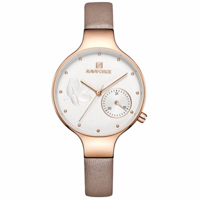 NAVIFORCE 5001 Women Watches Top Luxury Brand Ladies Quartz Watches Genuine Leather Watchband Casual Wrist Watches Gift For Girls - RoseGold White