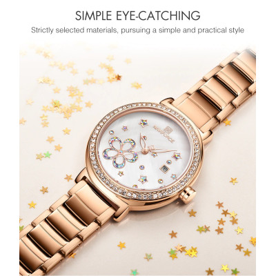 NAVIFORCE 5016 Women Watches Top Luxury Brand Ladies Quartz Watches Genuine Leather Watchband Casual Wrist Watches Gift For Girls - RoseGold White
