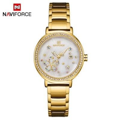 NAVIFORCE 5016 Women Watches Top Luxury Brand Ladies Quartz Watches Genuine Leather Watchband Casual Wrist Watches Gift For Girls - Golden