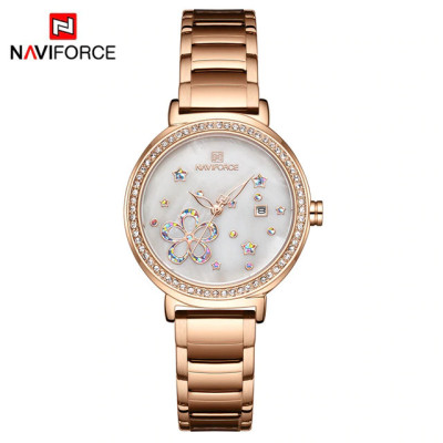 NAVIFORCE 5016 Women Watches Top Luxury Brand Ladies Quartz Watches Genuine Leather Watchband Casual Wrist Watches Gift For Girls - RoseGold White