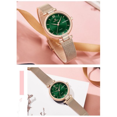 NAVIFORCE 5019 Luxury Brand Fashion Quartz Wristwatches Womens Charming Wrist with Thin Stainless Steel Bracelet Watch Clock Female - Rose Gold Green
