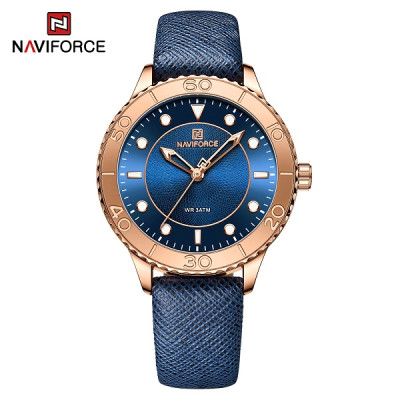 NAVIFORCE 5020 New Women Luxury Quartz Watch Ladies Fashion Casual Simple Wristwatch Luminous Pointer Leather Wristband Clock - Rose Gold Blue