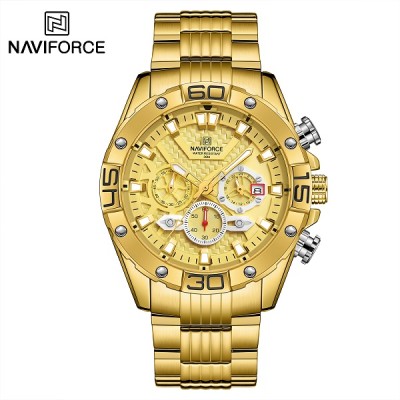 NAVIFORCE NF8019S Mens Watches TPU band Fashion Sport Quartz Watches Man Watch Chronograph Waterproof - Golden