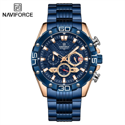 NAVIFORCE NF8019S Mens Watches TPU band Fashion Sport Quartz Watches Man Watch Chronograph Waterproof - RoseGold Blue