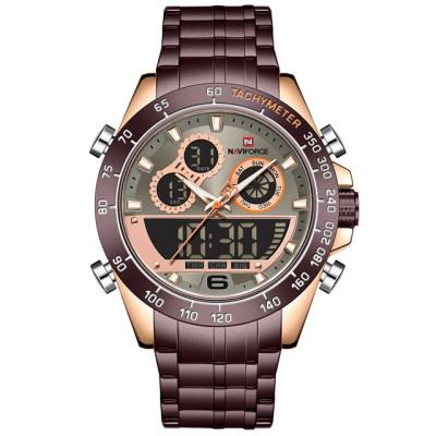Men Watch NAVIFORCE NF9188 Fashion Dual Display Watches Mens Stainless Steel Luxury Business Wristwatch Male Clock - Coffee & Rose Gold