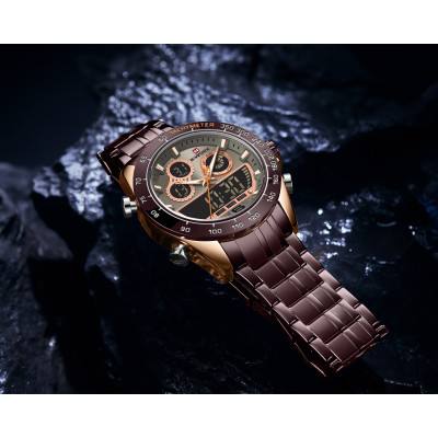 Men Watch NAVIFORCE NF9188 Fashion Dual Display Watches Mens Stainless Steel Luxury Business Wristwatch Male Clock - Coffee & Rose Gold