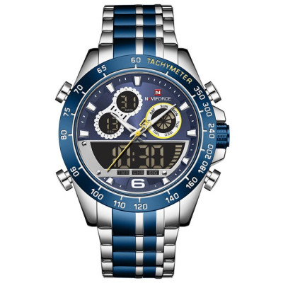 Men Watch NAVIFORCE NF9188 Fashion Dual Display Watches Mens Stainless Steel Luxury Business Wristwatch Male Clock - Silver Blue