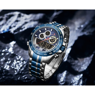 Men Watch NAVIFORCE NF9188 Fashion Dual Display Watches Mens Stainless Steel Luxury Business Wristwatch Male Clock - Silver Blue