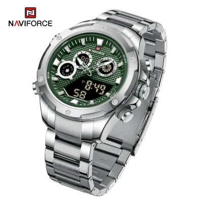 NAVIFORCE 9217 Watches Mens Luxury LCD Analog Digital Stainless Steel Man Wristwatch Casual Quartz Luminous Male Clock