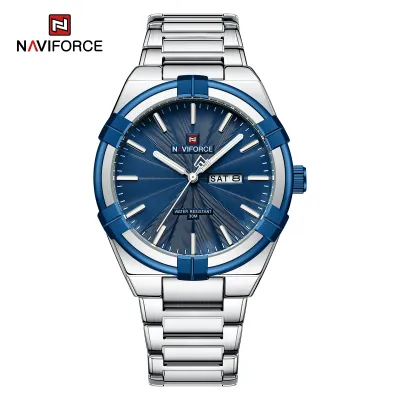 NAVIFORCE 9218 Classic Day and Date Display Men Stainless Steel Watch Man Business Waterproof Quartz Calendar Clock