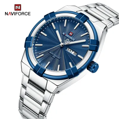 NAVIFORCE 9218 Classic Day and Date Display Men Stainless Steel Watch Man Business Waterproof Quartz Calendar Clock