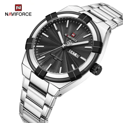 NAVIFORCE 9218 Classic Day and Date Display Men Stainless Steel Watch Man Business Waterproof Quartz Calendar Clock