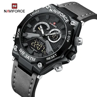 NAVIFORCE 9220 Watches for Man Genuine Leather Strap Sports Quartz Men's Wristwatch with Creative Dual Display Dial