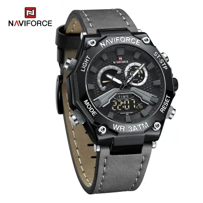 NAVIFORCE 9220 Watches for Man Genuine Leather Strap Sports Quartz Men's Wristwatch with Creative Dual Display Dial