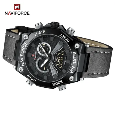 NAVIFORCE 9220 Watches for Man Genuine Leather Strap Sports Quartz Men's Wristwatch with Creative Dual Display Dial