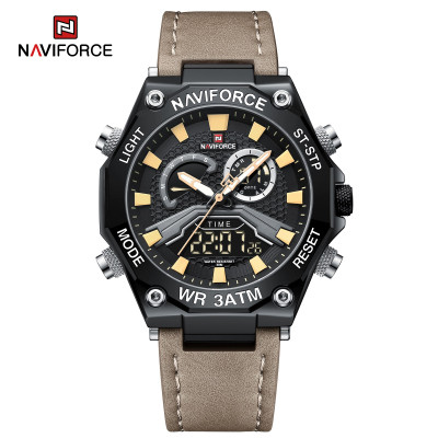 NAVIFORCE 9220 Watches for Man Genuine Leather Strap Sports Quartz Men's Wristwatch with Creative Dual Display Dial