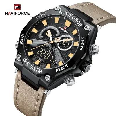 NAVIFORCE 9220 Watches for Man Genuine Leather Strap Sports Quartz Men's Wristwatch with Creative Dual Display Dial