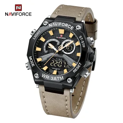 NAVIFORCE 9220 Watches for Man Genuine Leather Strap Sports Quartz Men's Wristwatch with Creative Dual Display Dial