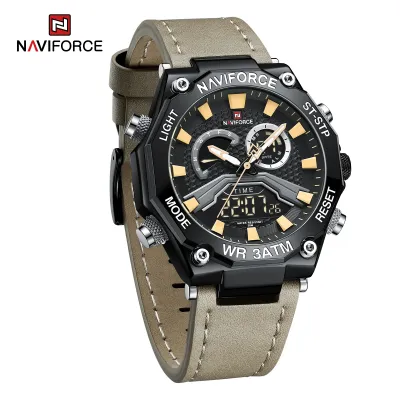 NAVIFORCE 9220 Watches for Man Genuine Leather Strap Sports Quartz Men's Wristwatch with Creative Dual Display Dial