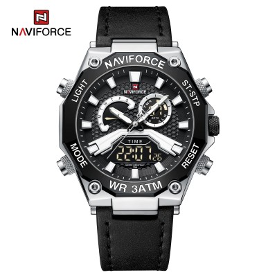 NAVIFORCE 9220 Watches for Man Genuine Leather Strap Sports Quartz Men's Wristwatch with Creative Dual Display Dial
