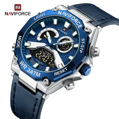 NAVIFORCE 9220 Watches for Man Genuine Leather Strap Sports Quartz Men's Wristwatch with Creative Dual Display Dial