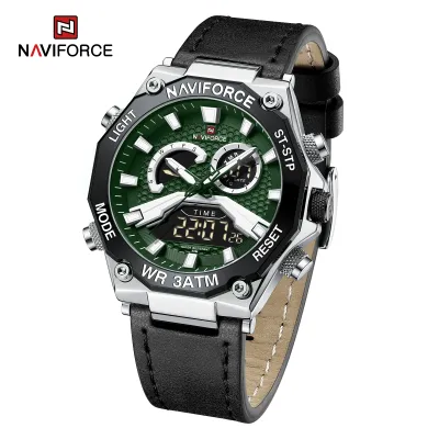 NAVIFORCE 9220 Watches for Man Genuine Leather Strap Sports Quartz Men's Wristwatch with Creative Dual Display Dial