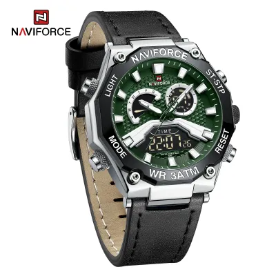 NAVIFORCE 9220 Watches for Man Genuine Leather Strap Sports Quartz Men's Wristwatch with Creative Dual Display Dial