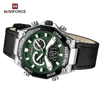 NAVIFORCE 9220 Watches for Man Genuine Leather Strap Sports Quartz Men's Wristwatch with Creative Dual Display Dial