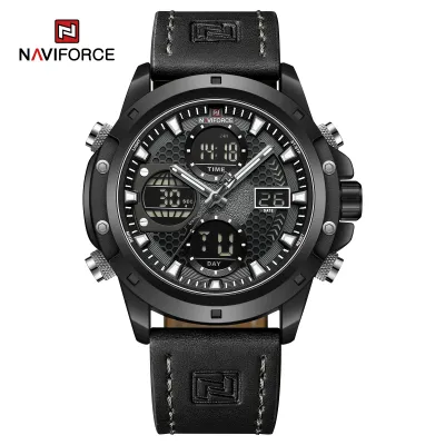 NAVIFORCE 9225 Dual Display Quartz Analog Digital Wristwatch for Men Genuine Leather Strap Water Resistant Man Watch