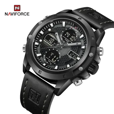 NAVIFORCE 9225 Dual Display Quartz Analog Digital Wristwatch for Men Genuine Leather Strap Water Resistant Man Watch