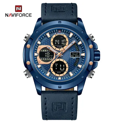 NAVIFORCE 9225 Dual Display Quartz Analog Digital Wristwatch for Men Genuine Leather Strap Water Resistant Man Watch