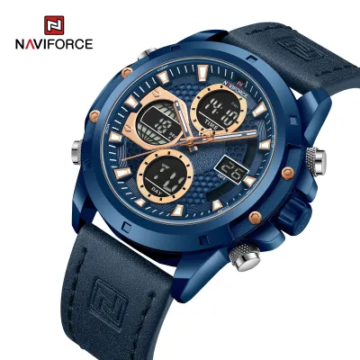 NAVIFORCE 9225 Dual Display Quartz Analog Digital Wristwatch for Men Genuine Leather Strap Water Resistant Man Watch