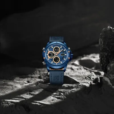 NAVIFORCE 9225 Dual Display Quartz Analog Digital Wristwatch for Men Genuine Leather Strap Water Resistant Man Watch