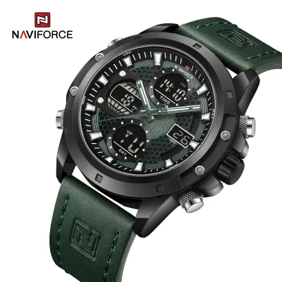 NAVIFORCE 9225 Dual Display Quartz Analog Digital Wristwatch for Men Genuine Leather Strap Water Resistant Man Watch