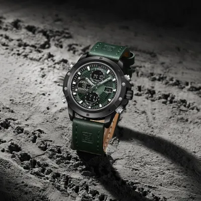 NAVIFORCE 9225 Dual Display Quartz Analog Digital Wristwatch for Men Genuine Leather Strap Water Resistant Man Watch