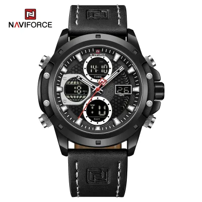 NAVIFORCE 9225 Dual Display Quartz Analog Digital Wristwatch for Men Genuine Leather Strap Water Resistant Man Watch