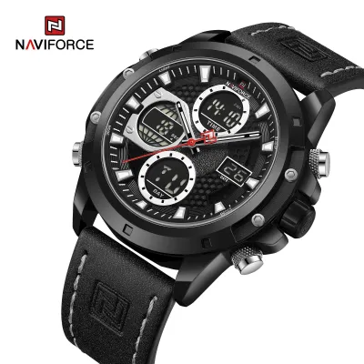 NAVIFORCE 9225 Dual Display Quartz Analog Digital Wristwatch for Men Genuine Leather Strap Water Resistant Man Watch
