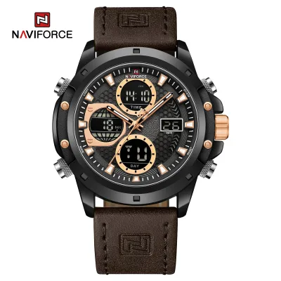 NAVIFORCE 9225 Dual Display Quartz Analog Digital Wristwatch for Men Genuine Leather Strap Water Resistant Man Watch