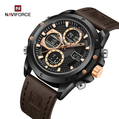NAVIFORCE 9225 Dual Display Quartz Analog Digital Wristwatch for Men Genuine Leather Strap Water Resistant Man Watch