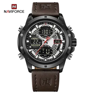 NAVIFORCE 9225 Dual Display Quartz Analog Digital Wristwatch for Men Genuine Leather Strap Water Resistant Man Watch