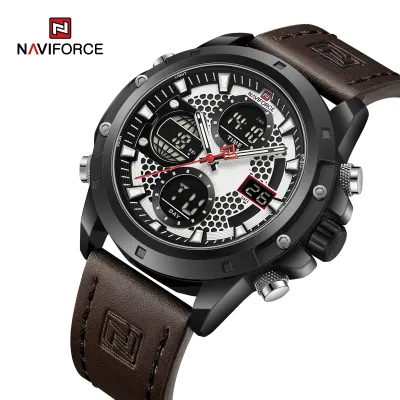NAVIFORCE 9225 Dual Display Quartz Analog Digital Wristwatch for Men Genuine Leather Strap Water Resistant Man Watch