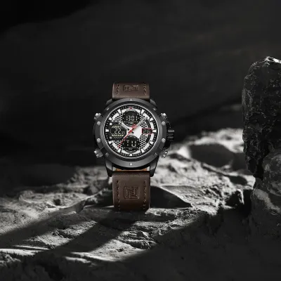 NAVIFORCE 9225 Dual Display Quartz Analog Digital Wristwatch for Men Genuine Leather Strap Water Resistant Man Watch