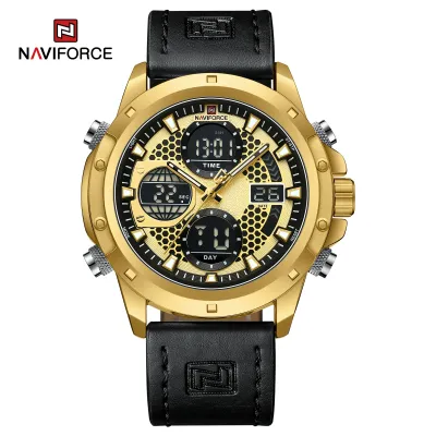 NAVIFORCE 9225 Dual Display Quartz Analog Digital Wristwatch for Men Genuine Leather Strap Water Resistant Man Watch