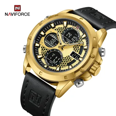 NAVIFORCE 9225 Dual Display Quartz Analog Digital Wristwatch for Men Genuine Leather Strap Water Resistant Man Watch
