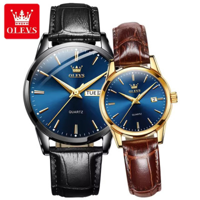 OLEVS 6898 Fashion Waterproof Couple Wristwatches, PU Strap High Quality Exquisite Quartz Watches For Couple Luminous Calendar