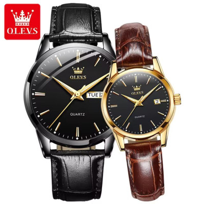 OLEVS 6898 Fashion Waterproof Couple Wristwatches, PU Strap High Quality Exquisite Quartz Watches For Couple Luminous Calendar
